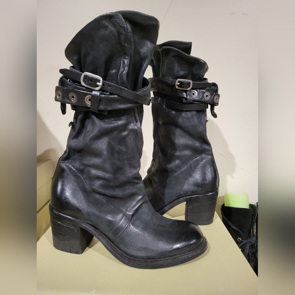 New A.S.98 JUDD Women's Black Leather Mid-Calf Buckle Boots 37